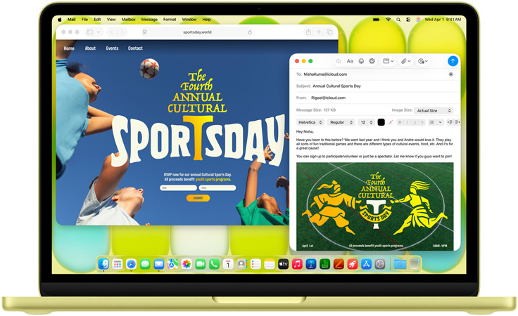 MacBook Neo, couleur jaune agrume, mains sur le clavier, la personne utilisatrice compose un e-mail d’invitation à un évènement sportif, le site web de l’évènement est ouvert en parallèle