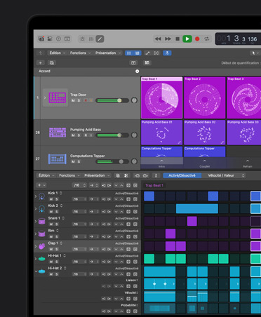 MacBook Pro 16 screen showing Logic Pro mixing board with purple and pink squares representing different audio layers and sounds, and beat making tools with different color blocks representing different percussion instruments at the bottom.