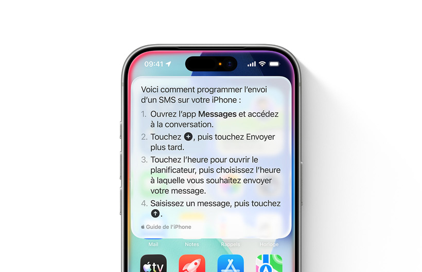 Un iPhone affiche les instructions étape par étape pour programmer l’envoi d’un SMS.