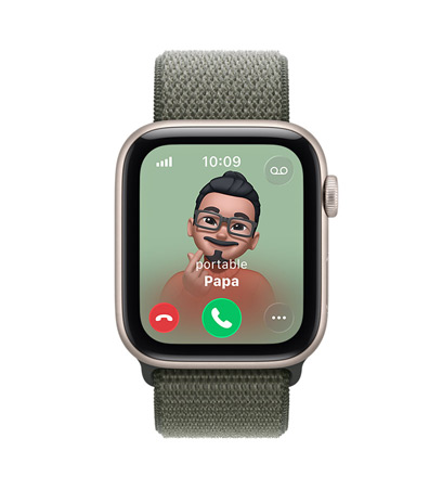 Apple Watch SE 3, boîtier en aluminium, lumière stellaire, appel entrant Papa, photo de contact Memoji, boutons pour accepter et rejeter l’appel
