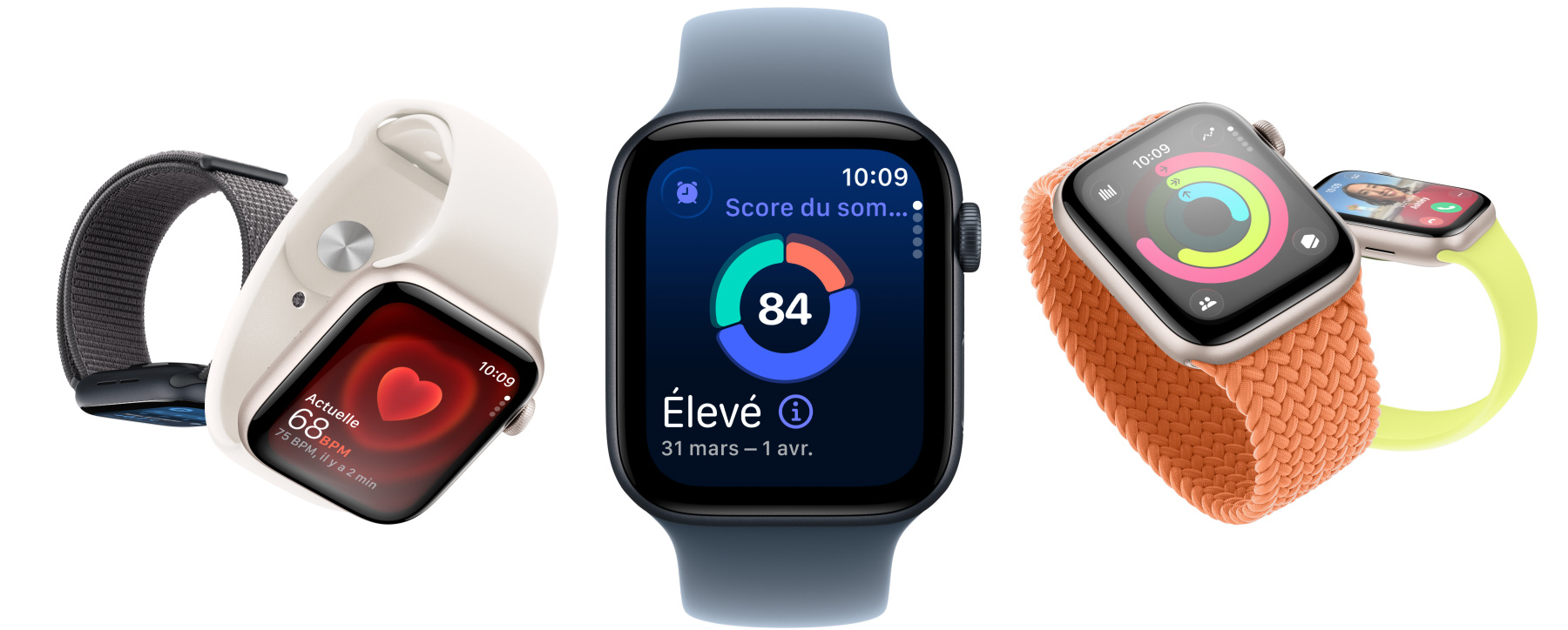 Apple Watch SE 3, boîtiers en aluminium, lumière stellaire et minuit, écrans : app Signes vitaux, app Fréquence cardiaque, Score de sommeil, anneaux Activité, appel entrant