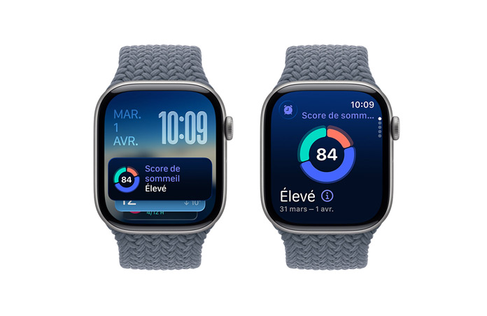 Apple Watch Series 11, gris sidéral, boîtier en aluminium, suggestion Défilement intelligent, notification score de sommeil, côté droit, Digital Crown, Boucle unique tressée, bleu maritime