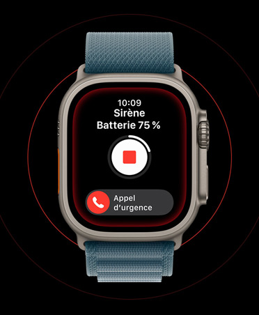 Apple Watch Ultra 3, finition naturelle, boîtier en titane, écran Sirène activé, boutons stop et Appel d’urgence, bracelet, Boucle Alpine bleu maritime