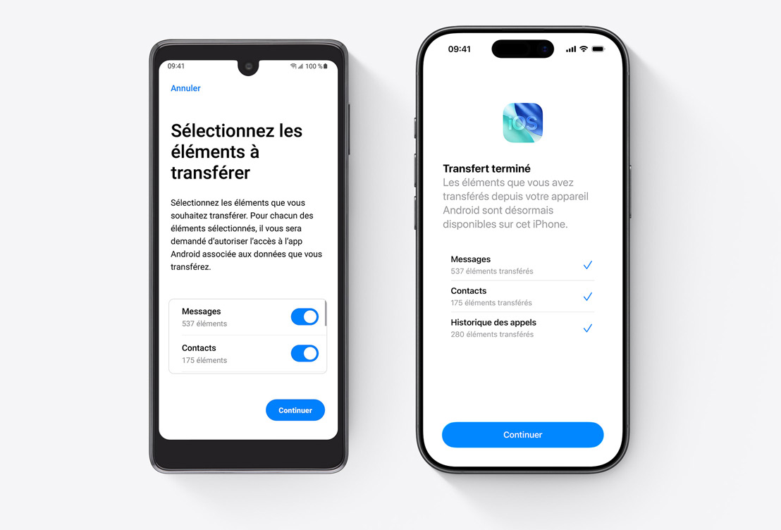 Côte à côte, téléphone Android affichant l’app Migrer vers iOS, iPhone affichant l’app Migrer vers iOS