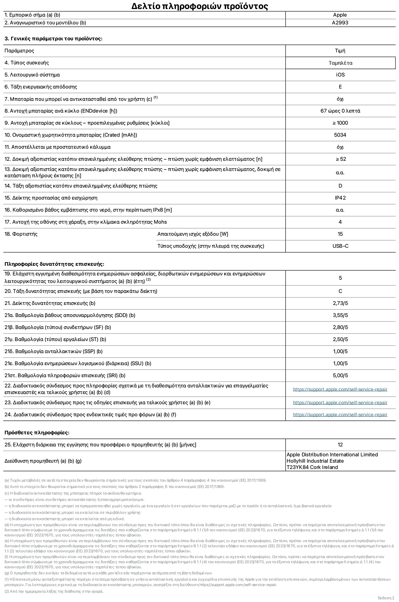 Φύλλο πληροφοριών προϊόντος για το iPad mini Wi-Fi, μοντέλο A2993. Παρέχεται από την Apple Distribution International Limited, Hollyhill Industrial Estate. Cork, Ιρλανδία, T23 YK84. Τύπος συσκευής: τάμπλετ. Λειτουργικό σύστημα: iOS. Τάξη ενεργειακής απόδοσης: E. Δυνατότητα αντικατάστασης μπαταρίας από τον χρήστη: όχι. Αντοχή μπαταρίας: 67 ώρες. Αντοχή μπαταρίας σε κύκλους: Μεγαλύτερη ή ίση του 1000. Ονομαστική χωρητικότητα μπαταρίας: 5034 mAh. Δοκιμή αξιοπιστίας κατόπιν επανειλημμένης ελεύθερης πτώσης, πτώσεις χωρίς βλάβη: περισσότερες ή ίσες με 52. Τάξη αξιοπιστίας κατόπιν επανειλημμένης ελεύθερης πτώσης: D. Αξιολόγηση προστασίας από εισχώρηση: IP42. Ανθεκτικότητα οθόνης στις γρατζουνιές στην κλίμακα σκληρότητας Mohs: 4. Απαιτούμενη ισχύς εξόδου φορτιστή: 15 W. Τύπος υποδοχής ηλεκτρικού ρεύματος φορτιστή: USB-C. Ελάχιστη εγγυημένη διαθεσιμότητα ενημερώσεων ασφαλείας, διορθωτικών ενημερώσεων και ενημερώσεων λειτουργικότητας λειτουργικού συστήματος: 5 έτη. Τάξη επιδιορθωσιμότητας: C. Δείκτης επιδιορθωσιμότητας: 2,73/5. Βαθμολογία βάθους αποσυναρμολόγησης: 3,55/5. Βαθμολογία συνδετήρων: 2,80/5. Βαθμολογία εργαλείων: 2,50/5. Βαθμολογία ανταλλακτικών: 1,00/5. Βαθμολογία ενημερώσεων λογισμικού: 1,00/5. Βαθμολογία πληροφοριών επιδιόρθωσης: 5,00/5. Διαδικτυακός σύνδεσμος με πληροφορίες για τη διαθεσιμότητα ανταλλακτικών για επαγγελματίες τεχνικούς και τελικούς χρήστες: https://support.apple.com/self-service-repair. Διαδικτυακός σύνδεσμος με πληροφορίες επιδιόρθωσης για τελικούς χρήστες: https://support.apple.com/self-service-repair. Διαδικτυακός σύνδεσμος με ενδεικτικές τιμές προ φόρου: https://support.apple.com/self-service-repair. Προσφέρεται 12μηνη γενική εγγύηση.