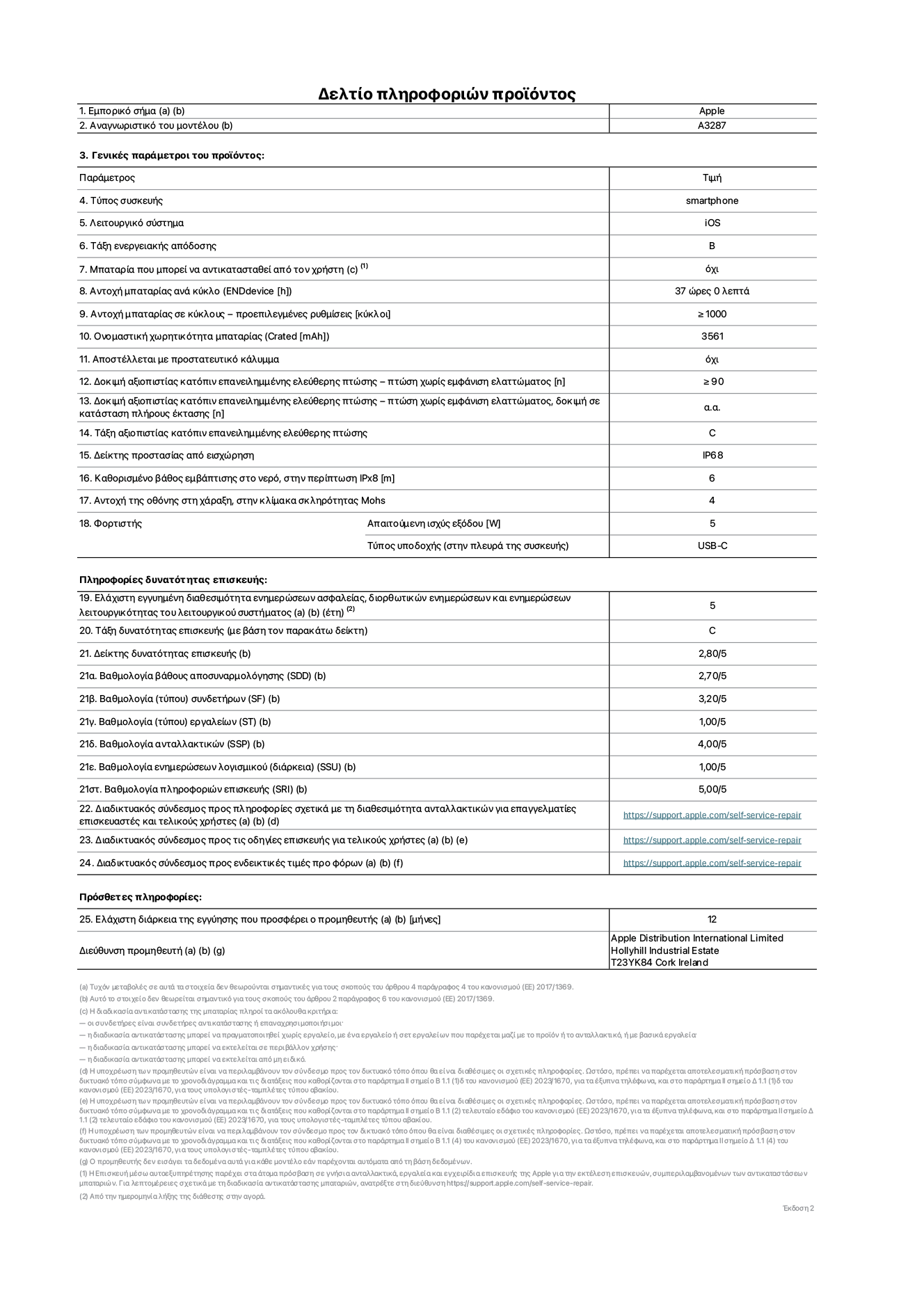 Φύλλο πληροφοριών προϊόντος για το iPhone 16, μοντέλο A3287. Παρέχεται από την Apple Distribution International Limited, Hollyhill Industrial Estate. Cork, Ιρλανδία, T23 YK84. Τύπος συσκευής: smartphone. Λειτουργικό σύστημα: iOS. Τάξη ενεργειακής απόδοσης: B. Δυνατότητα αντικατάστασης μπαταρίας από τον χρήστη: όχι. Αντοχή μπαταρίας ανά κύκλο: 37 ώρες. Αντοχή μπαταρίας σε κύκλους (προεπιλεγμένες ρυθμίσεις): ≥ 1000. Ονομαστική χωρητικότητα μπαταρίας: 3561mAh. Αποστέλλεται με προστατευτικό κάλυμμα: όχι. Δοκιμή αξιοπιστίας κατόπιν επανειλημμένης ελεύθερης πτώσης, πτώσεις χωρίς βλάβη: ≥ 90. Δοκιμή αξιοπιστίας κατόπιν επανειλημμένης ελεύθερης πτώσης, πτώσεις χωρίς βλάβη σε κατάσταση πλήρους έκτασης: μη διαθέσιμο. Τάξη αξιοπιστίας κατόπιν επανειλημμένης ελεύθερης πτώσης: C. Αξιολόγηση προστασίας από εισχώρηση: IP68. Καθορισμένο βάθος εμβύθισης σε νερό, σε περίπτωση iPx8: 6. Ανθεκτικότητα οθόνης στις γρατζουνιές στην κλίμακα σκληρότητας Mohs: 4. Απαιτούμενη ισχύς εξόδου φορτιστή: 5 W. Τύπος υποδοχής ηλεκτρικού ρεύματος φορτιστή (στο άκρο της συσκευής): USB-C. Ελάχιστη εγγυημένη διαθεσιμότητα ενημερώσεων ασφαλείας, διορθωτικών ενημερώσεων και ενημερώσεων λειτουργικότητας λειτουργικού συστήματος: 5 έτη. Τάξη επιδιορθωσιμότητας: C. Δείκτης επιδιορθωσιμότητας: 2,80/5. Βαθμολογία βάθους αποσυναρμολόγησης (SDD): 2,70/5. Βαθμολογία συνδετήρων: 3,20/5. Βαθμολογία εργαλείων: 1,00/5. Βαθμολογία ανταλλακτικών: 4,00/5. Βαθμολογία ενημερώσεων λογισμικού: 1,00/5. Βαθμολογία πληροφοριών επιδιόρθωσης: 5,00/5. Διαδικτυακός σύνδεσμος με πληροφορίες για τη διαθεσιμότητα ανταλλακτικών για επαγγελματίες τεχνικούς και τελικούς χρήστες: https://support.apple.com/self-service-repair. Διαδικτυακός σύνδεσμος με πληροφορίες επιδιόρθωσης για τελικούς χρήστες: https://support.apple.com/self-service-repair. Διαδικτυακός σύνδεσμος με ενδεικτικές τιμές προ φόρου: https://support.apple.com/self-service-repair. Προσφέρεται 12μηνη γενική εγγύηση.