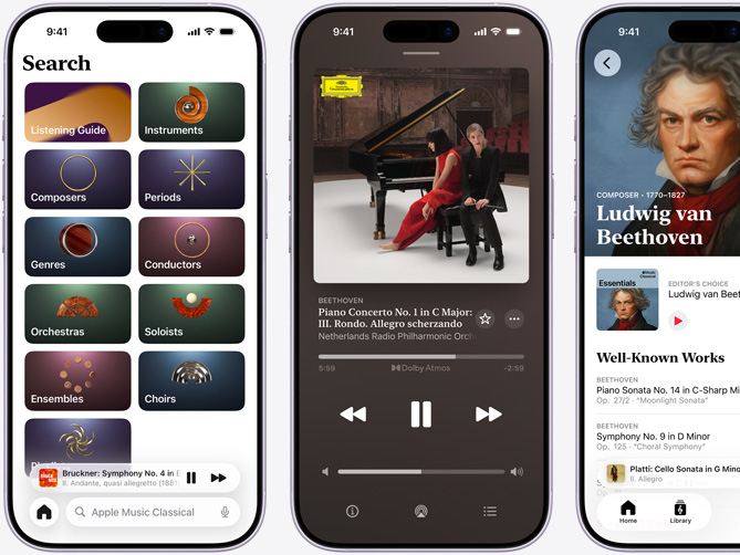 左邊的 iPhone 展示 Apple Music 古典樂 app 的「瀏覽」分頁，其中已選取「目錄」分頁，顯示作曲家、時期、類型、指揮家、管弦樂團、獨奏/獨唱、合奏團，以及合唱團目錄；中間的 iPhone 顯示以杜比全景聲播放 Beethoven 的《Piano Concerto No. 1 in C Major, Op. 15: III. Rondo. Allegro scherzando》；右邊的 iPhone 顯示 Ludwig van Beethoven 的作曲家頁面