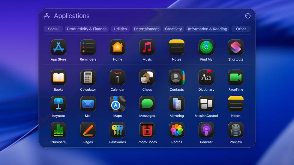 Various app icons on macOS Tahoe displayed in a grid format.