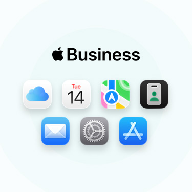 A lineup of business-related apps and tools including iCloud, Calendar, Maps, Apple Business, Mail, Settings, and Apple Store.