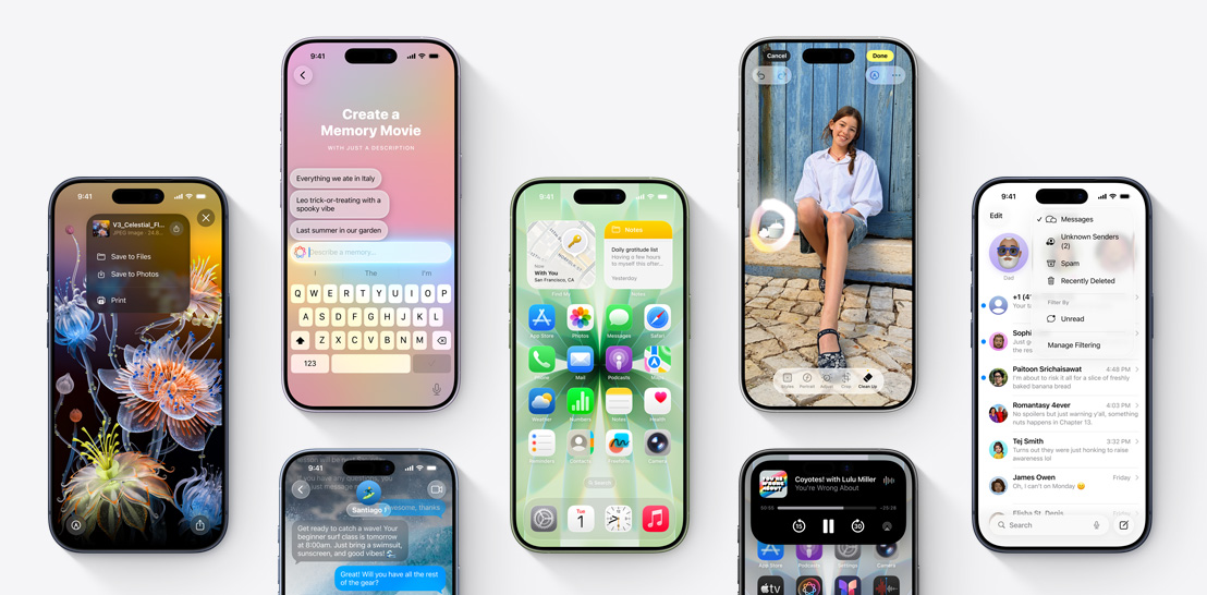 多部 iPhone 17 及 17 Pro 裝置陳列展示，不同螢幕分別顯示 iOS 26 和 Apple Intelligence 各項功能