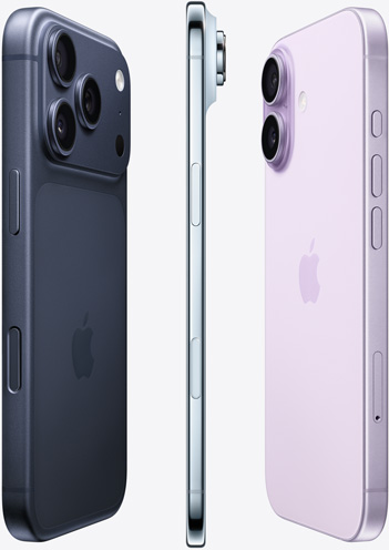 深藍色 iPhone 17 Pro 近相機的側面圖、天藍色 iPhone Air 側面機身，以及薰衣草紫色 iPhone 17 的背面，以扇形排開