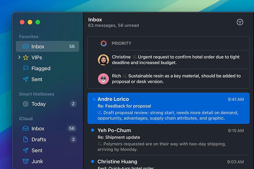 Az Apple Intelligence Elsődleges üzenetek funkciója a Mail appban