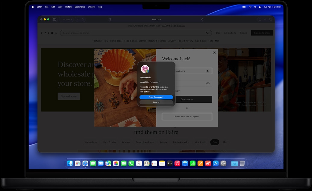 Böngészés közben a Safari a Touch ID használatára szólítja fel a felhasználót, aki egy webhelyre próbál bejelentkezni.