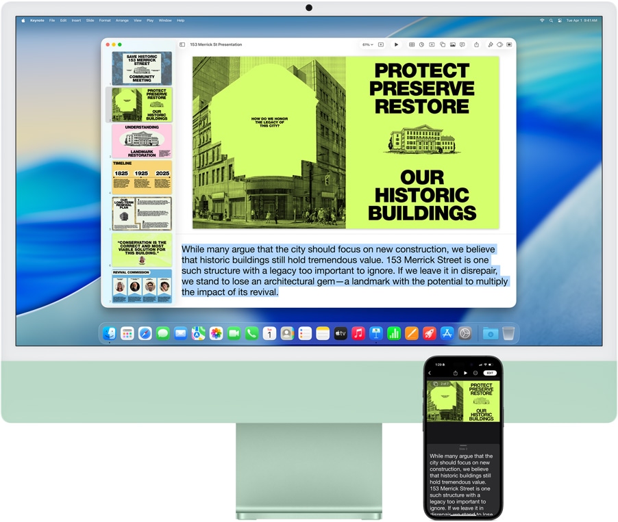 iMac és iPhone 16 Plus, a Keynote app megnyitva az iMacen, az iPhone-on a dia és a prezentáló jegyzetei láthatók