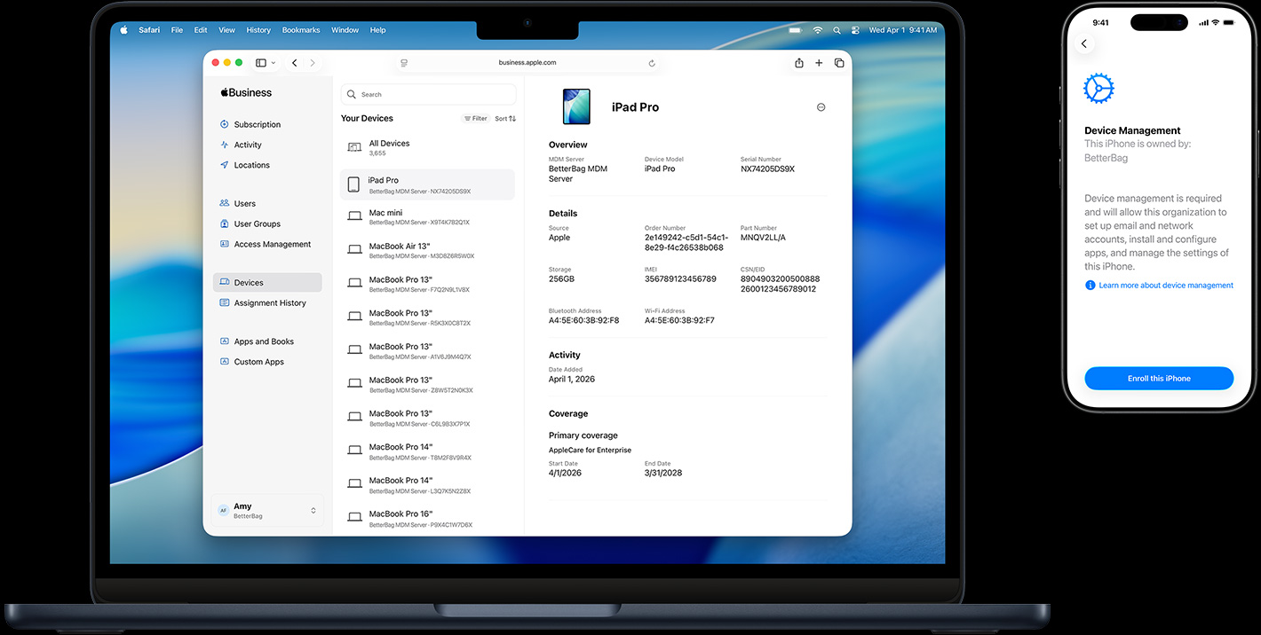 Mac dan iPhone yang menampilkan berbagai elemen Touch ID untuk masuk dengan aman.