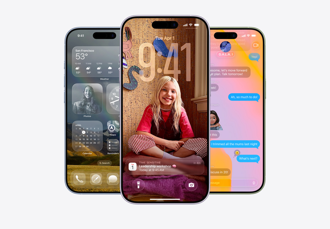 Perangkat iPhone 17, eksterior depan, warna: biru kabut, lavender, hijau sage, fitur iOS 26 - Layar Home dengan berbagai aplikasi yang ditampilkan, pop-up Kalender di Layar Terkunci yang dipersonalisasi, layar iPhone menampilkan Pesan dengan desain Liquid Glass