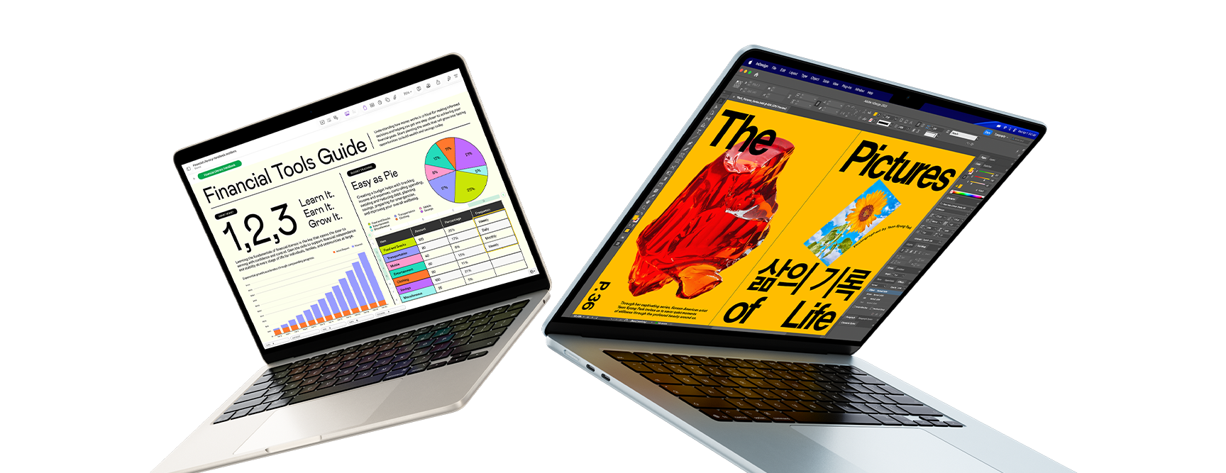 Laptop MacBook Air 13 inci dan 15 inci — satu layar menampilkan pekerjaan Numbers, satu layar lagi menampilkan pekerjaan desain