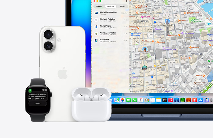 Apple Watch, teks pada layar bertuliskan “This device is marked as lost, please contact me” dengan nomor telepon, di samping iPhone, AirPods Pro, dan MacBook Neo, warna indigo, layar menampilkan aplikasi Lacak dengan peta dan daftar perangkat beserta lokasinya
