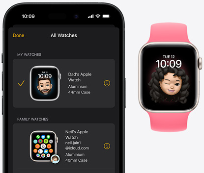 iPhone 17, Watch app, paired Apple Watch SE 3, Aluminium case, starlight colour, Memoji face, starlight Sport Band