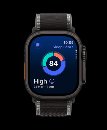 Apple Watch Ultra 3, black colour, titanium case, screen shows sleep score circle graph, strap, Trail Loop, black/charcoal colour