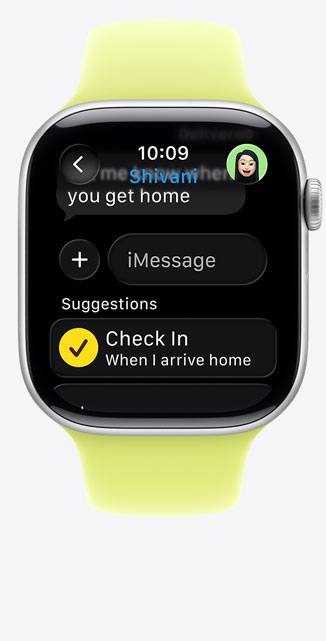 Apple Watch Series 11, aluminum case, silver color, Check In suggestion in iMessage, Sport Band, neon yellow color