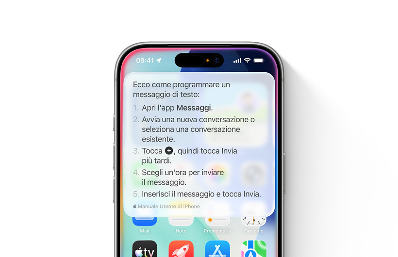 Un iPhone con le istruzioni passo passo per programmare l’invio di un messaggio