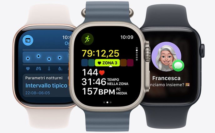 Tre modelli di Apple Watch: al centro cassa color naturale, quadrante con corsa e statistiche della frequenza cardiaca; a destra cassa Jet Black, quadrante con Genmoji; a sinistra cassa color oro rosa, quadrante con app Parametri Vitali