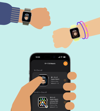 Apple Watchの子ども向け設定、イラスト、子どもたちの手首に装着されたApple Watch SE 3が保護者の手の中にあるiPhoneとペアリングされている