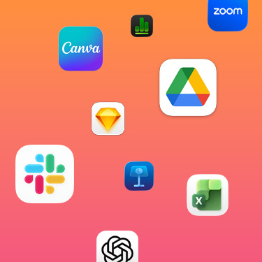 Icons of productivity apps including Slack, Canva, Google Workspace, Zoom, Quickbooks, Keynote, Excel, Square, and Numbers against a colorful background.