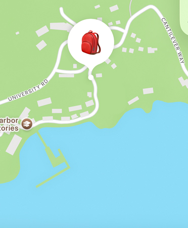 Find My feature in use, showing a the location of a person's backpack on a map