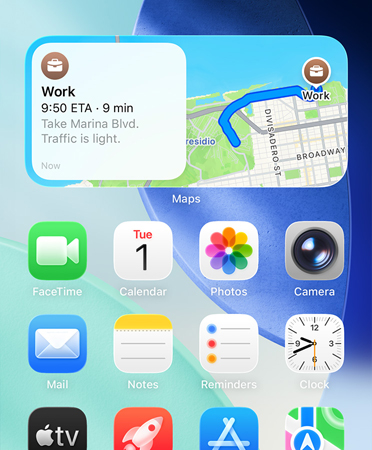 Maps widget showing new preferred routes trip planner, with traffic details, arrival time, and duration of trip