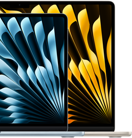 Du „MacBook Air“ nešiojamieji kompiuteriai demonstruoja ekrano dydžio skirtumą: 13,6 colio ir 15,3 colio matuojant įstrižai