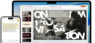 „iPhone 16 Plus“ ekranas, kuriame rodomas programoje „Pastabos“ paryškintas tekstas, „MacBook Air“ su atidaryta „Keynote“ skaidre, tekstas iš programos „Pastabos“ rodomas skaidrėje