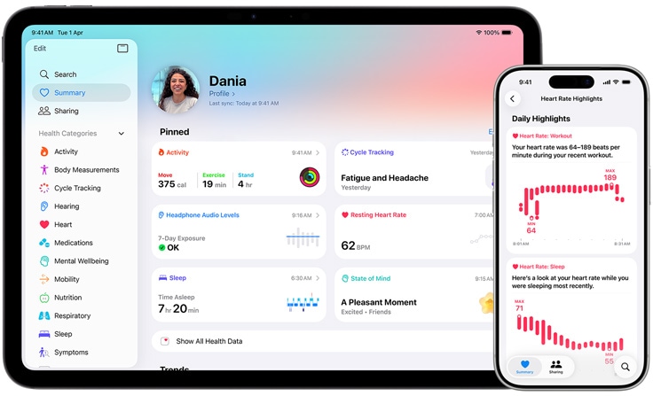 Display reads Health Summary, Favorites, next to it another display reads Health, Heart Rate, Highlights