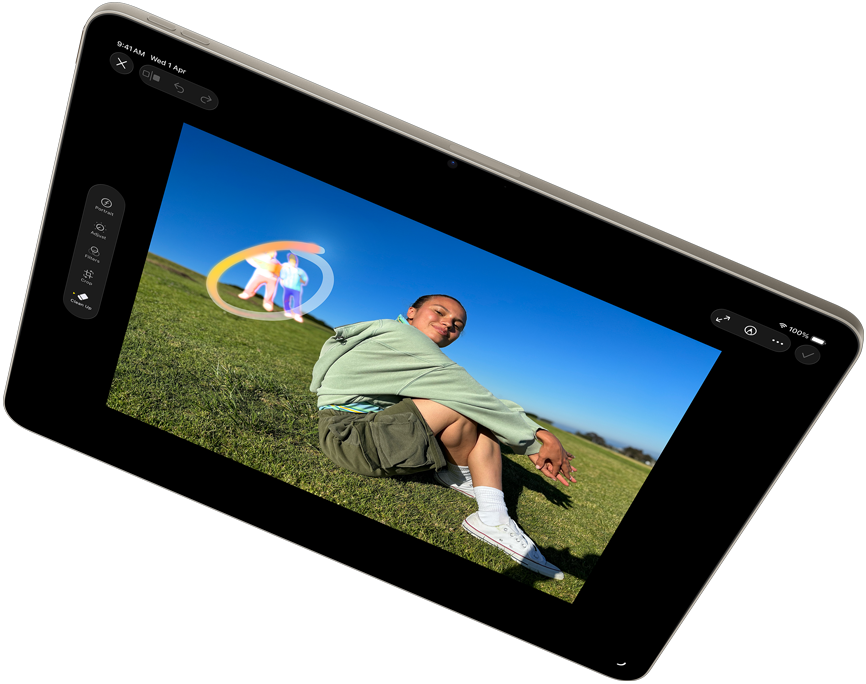 Landscape view of iPad Air showcasing Apple Intelligence with the Clean up tool in Photos app
