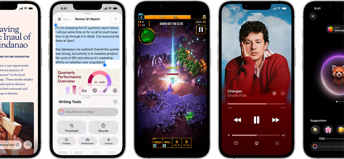 Side-by-side iPhone 17e devices showing different screens: Safari Web browser, Writing Tools, a game being played, Apple Music App, a Genmoji being created.