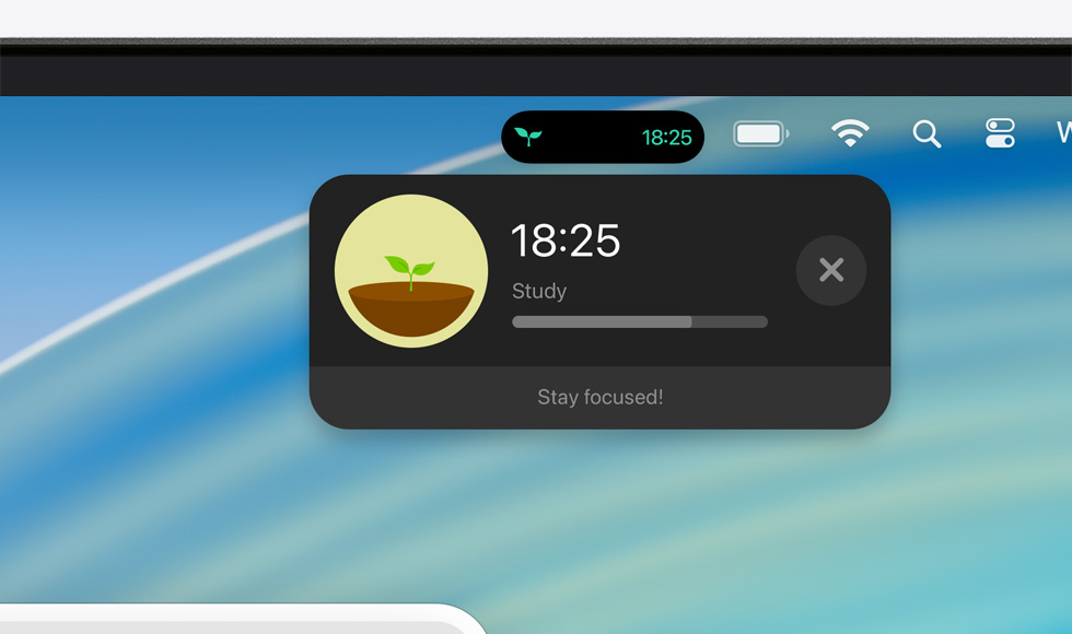 Top of Mac device screen showing the menu bar with an expanded Live Activity for Forest app