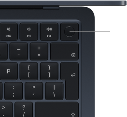 MacBook Air keyboard, top right, demonstrating the location of the Touch ID button