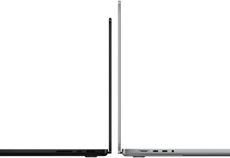 جهازا MacBook Pro مقاس 14 إنش و16 نش معروضان ظهراً لظهر لتوضيح الفرق في الحجم وإبراز نحافة التصميم