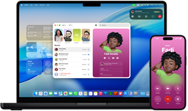 MacBook Pro and iPhone 16 Plus, Phone app open, same contact displayed on both screens