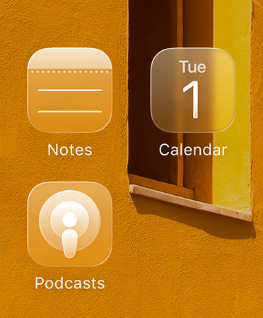 Grid of four translucent app icons, the Apple TV app, Notes, Calendar, and Podcasts, refract the background