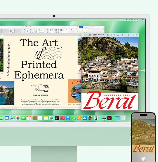 Una iMac verde junto a un iPhone. Un documento escaneado en el iPhone aparece en la pantalla de la iMac