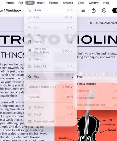 Close-up of menu bar with options for Undo, Redo, Cut, Copy, Paste and more