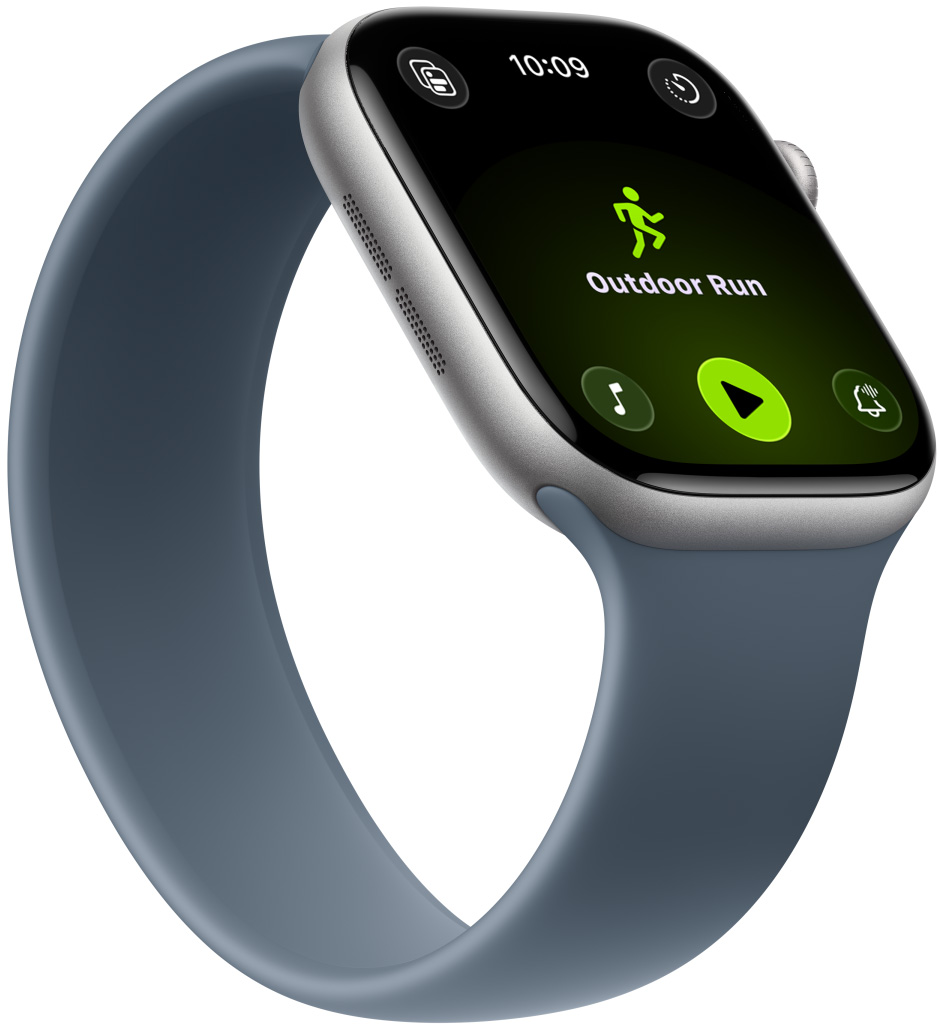 Apple Watch Series 11, aluminium case, space grey colour, Outdoor Run workout, Apple Music controls at bottom of screen, Solo Loop, anchor blue colour