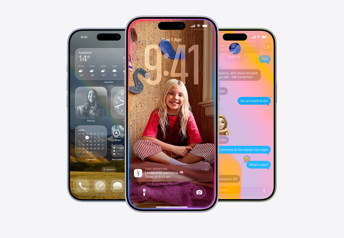 iPhone 17 devices, front exterior, finishes: mist blue, lavender, sage, iOS 26 features - Home Screen with various apps displayed, Calendar pop-up on personalised Lock Screen, iPhone screen showing Messages with Liquid Glass design