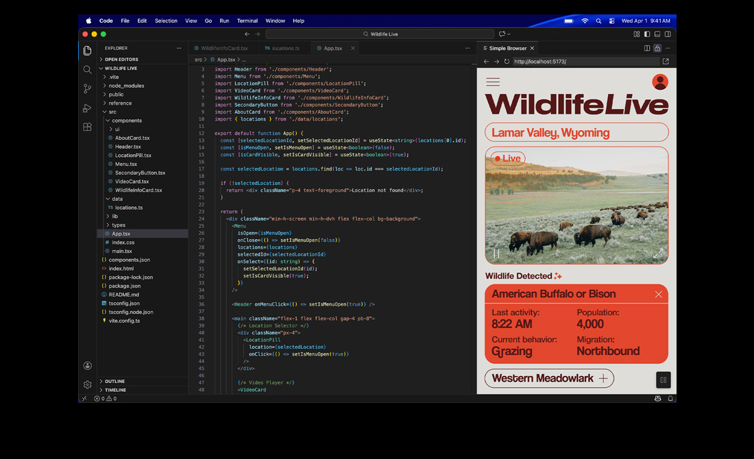 Ekran MacBooka Pro przedstawiający osobę programującą aplikację w środowisku Visual Studio Code