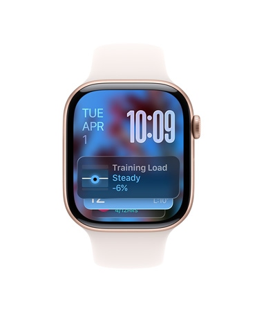 Apple Watch Series 11, culoare Roz auriu, carcasă din aluminiu, sugestie din Stiva inteligentă, curea Sport, culoare Ușoară îmbujorare