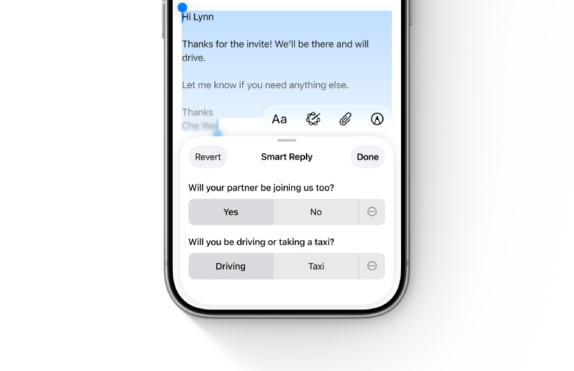 Smart Reply options in the Mail app are shown on an iPhone.