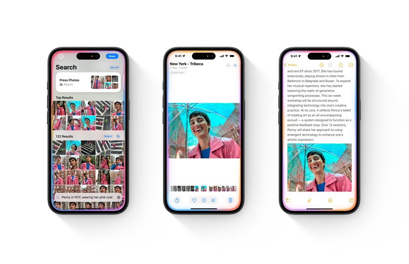 Photos library is shown on an iPhone along with a search description. A second iPhone is open to a single photo favourited based on the search. A third iPhone shows the photo incorporated into a note in the Notes app.