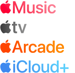Apple subscription services logotypes including Apple Music, Fitness+, Apple TV+, Apple News+, Apple Arcade, iCloud+
